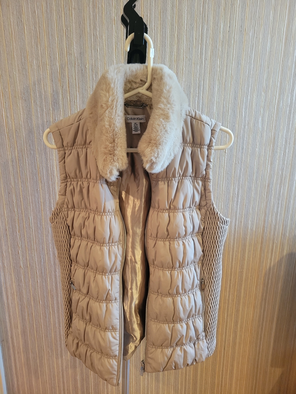 Calvin Klein Tan Quilted Vest Lined with Faux-Fur Collar